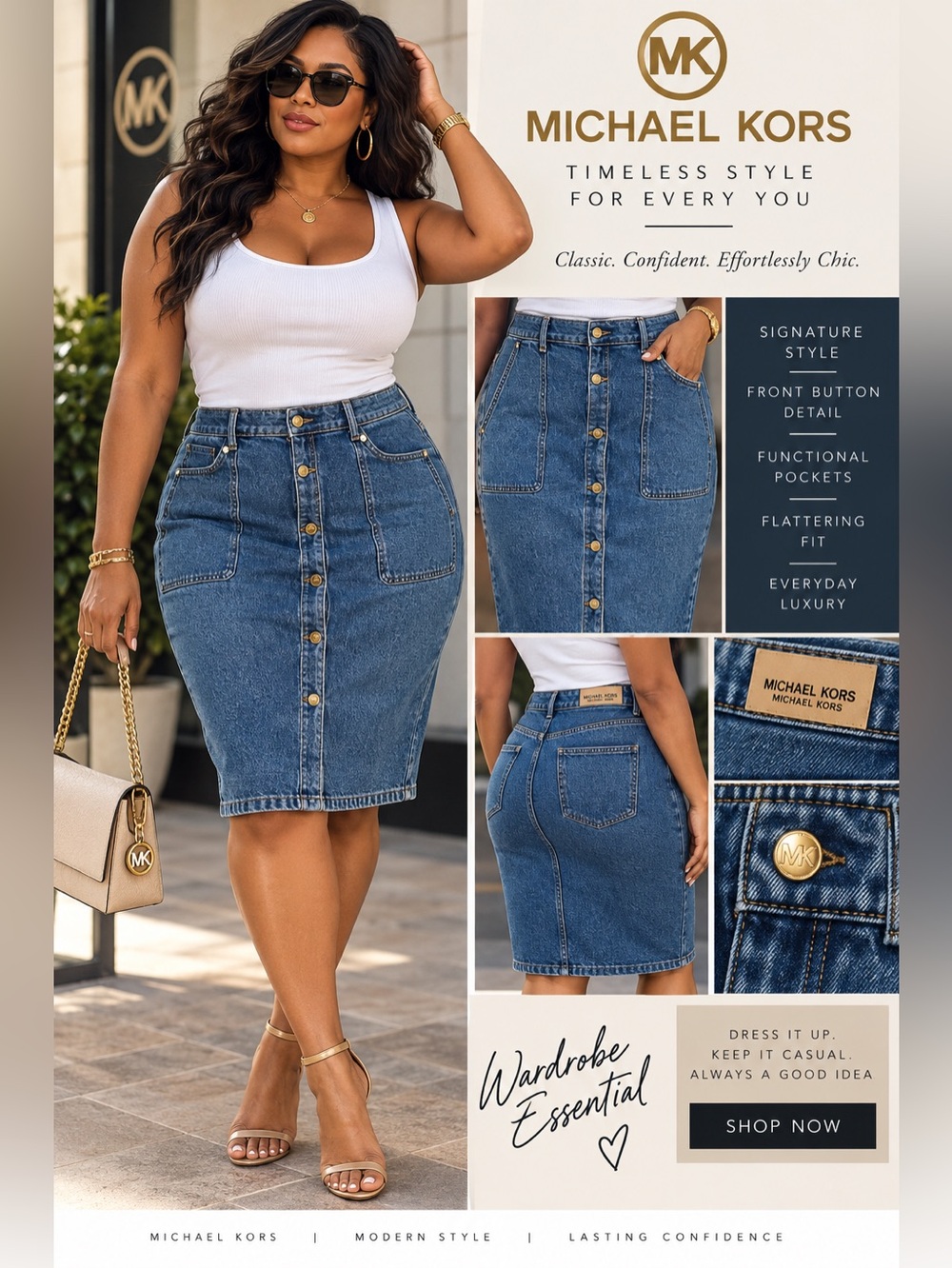 Michael Kors Blue Denim Button-Front Pencil Skirt